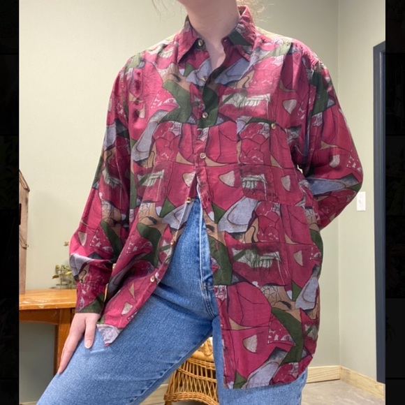 Vintage 100% silk abstract button up shirt M - Picture 2 of 9